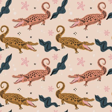 Şirin İskandinav tarzı, timsah derisi, kızlar ve erkekler için komik desenler, çocuk odası çizimleri, timsah çizgi filmi komik pastel vektör sanatı.