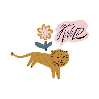 Küçük sevimli yavru aslan, kreş rengi resimleme İskandinav tarzı komik çizgi film karakteri, çiçek konsepti olan kız kedi.