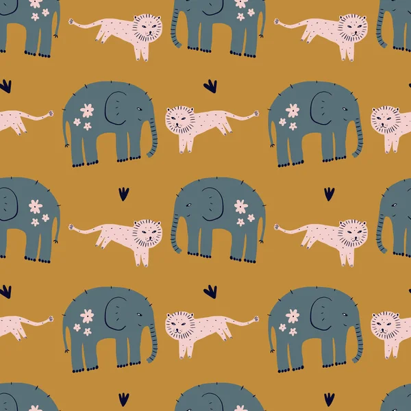 Zökkenőmentes Kézzel Rajzolt Vektor Minta Elefánt Oroszlán Aranyos Szafari Állatok — Stock Vector