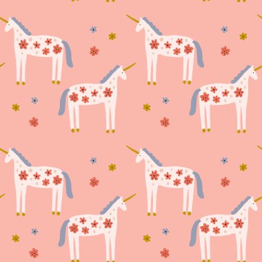 Boho tek boynuzlu at doğum günü yıldönümü konsepti. Halk sanatı atı, pürüzsüz desen, ambalaj kağıdı süsü, İsveç tarzı çizim, pastel renkli İskandinav çiçeği kompozisyonu, İskandinav çiçeği. Vektör resmi