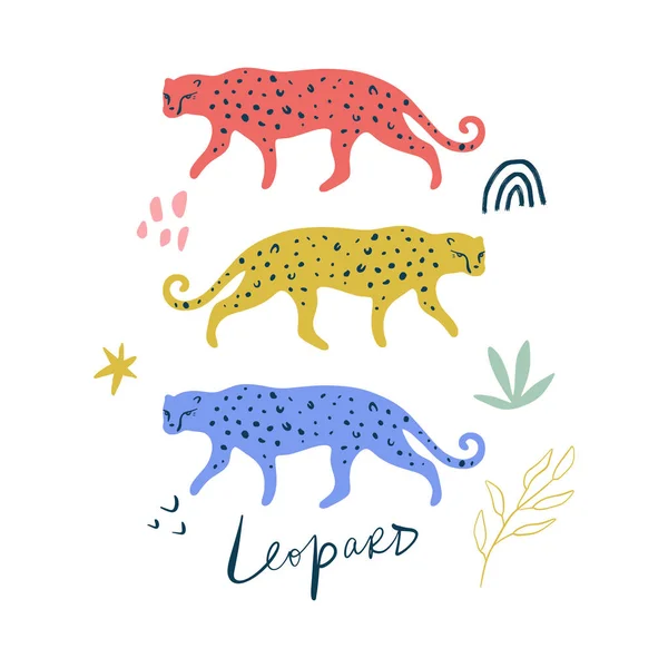 Carino Cartone Animato Leopardo Stile Piatto Disegnato Mano Vivaio Clipart — Vettoriale Stock