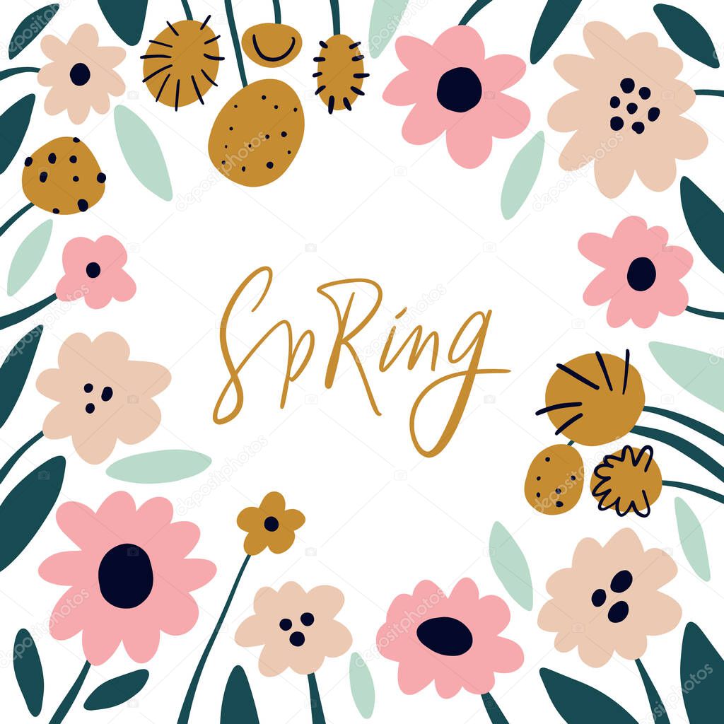 International Womens Day 8 March floral spring text template background with pink decorative flowers in scandinavian style, hand drawn art. Happy Women s Day template for greeting cards, banners, sale announcement and more. Vector EPS clip art