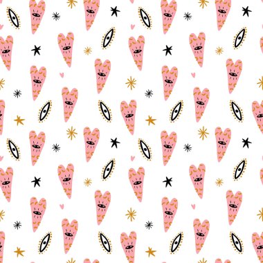 Cadı gözlü, kalpli ve yıldızlı kusursuz desenli çizimler. Vektör Eps klip sanatı