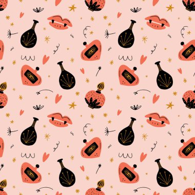 Şirin vampir dudakları, kalpleri ve gözleri olan kusursuz desenli bir çizim. Cadılar Bayramı kızı karakter konsepti. Vektör Eps klip sanatı