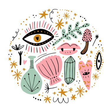 Klasik cadılık çizgi film unsurları seti, cadı konsepti için büyü dükkanı, sihirbaz sembolleri paketi. El çizimi peri masalı dekorları. Vektör Eps klip sanat koleksiyonu