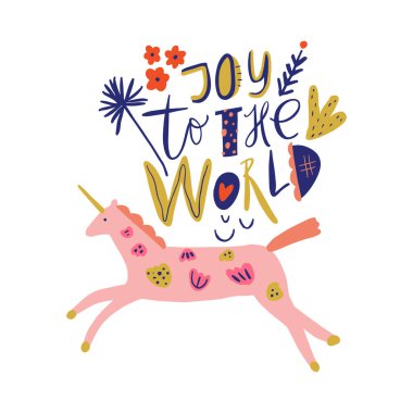 Bahar harfleri tek boynuzlu at tebrik kartı. Folk İskandinav çiçekli at. Kağıt kesiği, düz modern İskandinav tarzında bir hayvan. El çizimi renkli takım. Hygge ve lagom tasarım konsepti. Vektör Eps klip sanatı