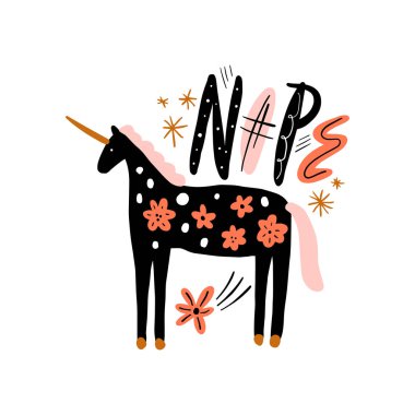 Komik tek boynuzlu at eli renk çizimi. İğneleyici izole hayvan. Hayır, el yazısıyla alıntı. İronik tek boynuzlu at skeci, düz modern İskandinav tarzı çiziyor. Komik çizgi film karakteri. Tipografi harf dizaynı. Vektör Eps klip sanatı