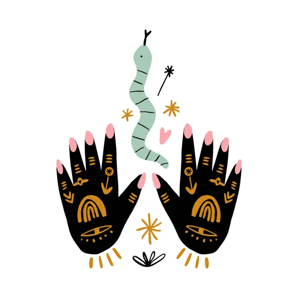 Main Sorcière Dessinée Main Avec Tatouage Flash Serpent Imprimé Autocollant — Image vectorielle