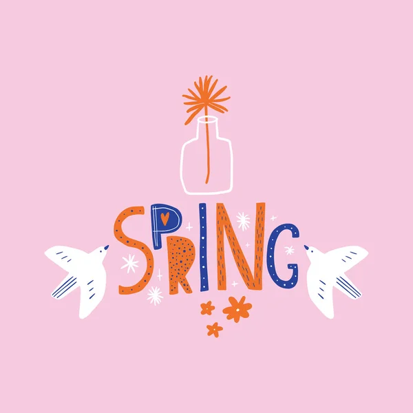 Cartão Saudação Com Letras Primavera Pássaros Com Ornamentos Florais Nórdicos — Vetor de Stock
