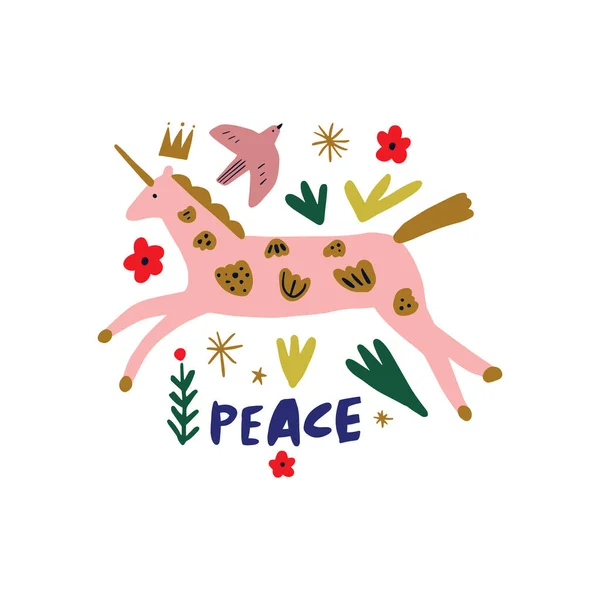 Spring Peace Lettering Unicorn Greeting Card Horse Folk Nordic Floral — Stock Vector