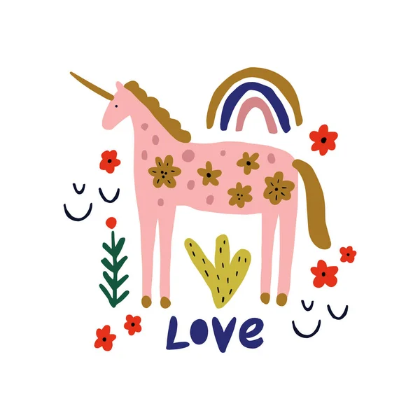 Spring Love Lettering Unicorn Greeting Card Horse Folk Nordic Floral — Stock Vector