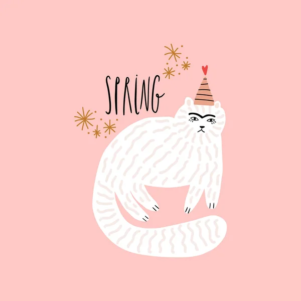 春天有趣的贺卡模板 涂鸦卡通画漂亮三月猫的插图 矢量弹夹艺术设计 — 图库矢量图片