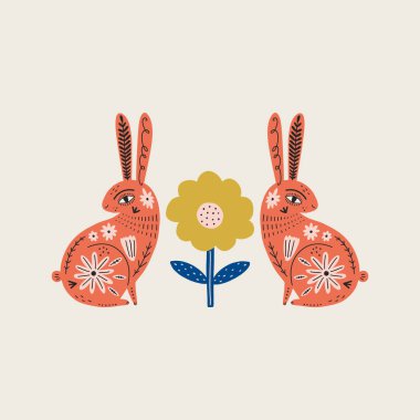 Modern folk tribal boho patterned animals in Scandinavian style. Floral Slovak ornament, inspired by northern mythology and fairy tales. Swedish folklore drawing, Nordic flowers pattern. Woodland characters concept. Ornate rabbits. Vector EPS clipart