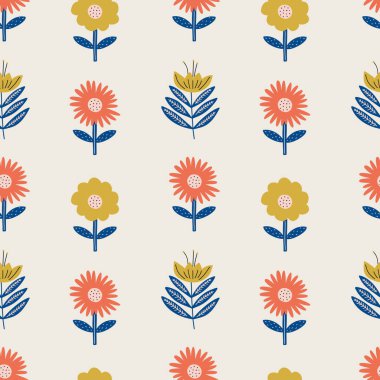 İskandinav tarzında modern halk çiçekleri. Çiçekli Slovak bitkisi pürüzsüz desen. İsveç folklor çizimi, İskandinav kır çiçeği konsepti. Vektör EPS klip sanatı