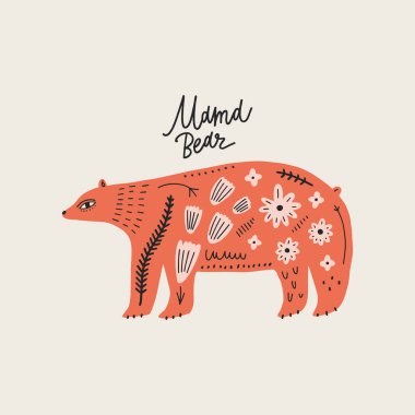 Modern folk tribal boho patterned animal in Scandinavian style. Floral Slovak ornament, inspired by northern mythology and fairy tales. Swedish folklore drawing, Nordic flowers pattern. Woodland characters concept. Ornate bear. Vector EPS clipart
