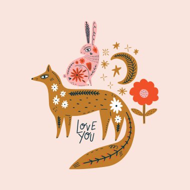 Modern folk tribal boho patterned animals in Scandinavian style. Floral Slovak ornament, inspired by northern mythology and fairy tales. Swedish folklore drawing, Nordic flowers pattern. Woodland characters concept. Ornate rabbit and fox. Vector EPS clipart