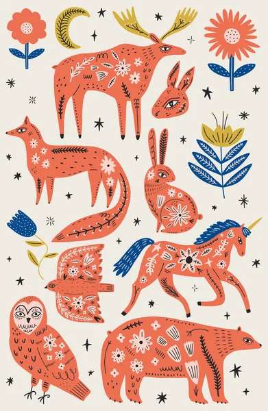 Animaux Motifs Boho Tribaux Folkloriques Modernes Dans Style Scandinave Ornement — Image vectorielle