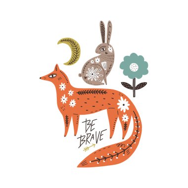 Cesur ol, şirin el çizimi bebek odası posteri, çizgi film karakteri, tilki ve tavşan. Hayvanlar, çiçekler ve modern Runik İskandinav tarzında harfler. Pastel folk müzik çocukları için illüstrasyon. Vektör Eps klip sanatı