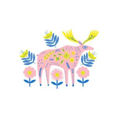 Modern İskandinav tarzı geyik, elle çizilmiş düz çizgi film çizimi. Orman hayvanı. Dallar ve çiçek desenli tasarım elementleri. Beyaz arka planda izole edilmiş çok renkli vahşi memeliler. Vektör Eps klip tasarımı