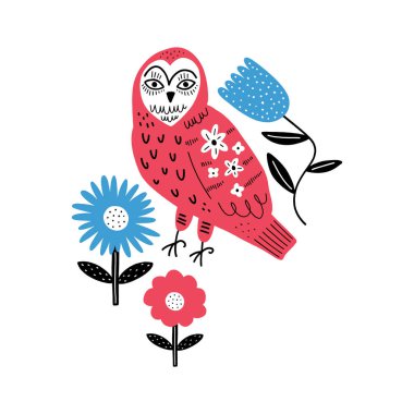 Modern halk kabilesi boho İskandinav tarzında bir hayvan. Çiçek Slovak süsü, kuzey mitolojisinden ve peri masallarından esinlenilmiştir. İsveç folkloru çizimi, İskandinav çiçek deseni. Woodland karakterleri konsepti. Süslü baykuş. Vektör EPS