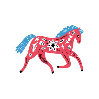 Modern halk kabilesi boho İskandinav tarzında bir hayvan. Çiçek Slovak süsü, kuzey mitolojisinden ve peri masallarından esinlenilmiştir. İsveç folkloru çizimi, İskandinav çiçek deseni. Woodland karakterleri konsepti. Süslü at. Vektör Eps