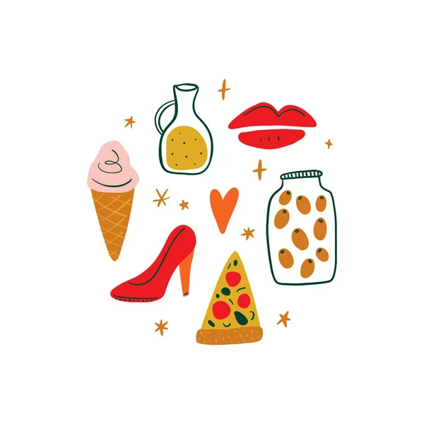 现代卡通画色彩斑斓的意大利图标符号 可爱的插图 意大利的涂鸦地标概念 食物和饮料 矢量弹夹艺术设计 — 图库矢量图片