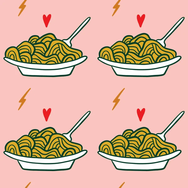 Modern cartoon colorful flat stylized Italian pasta spaghetti seamless pattern, cute illustration. Doodle landmarks concept, food and drinks of Italy. Vector EPS clip art design