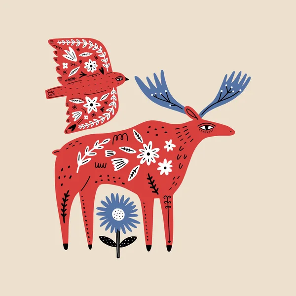 现代斯堪的纳维亚风格的麋鹿 手绘卡通平面插图 林地动物 分枝和花卉图案设计元素 野生华丽的多色哺乳动物在背景上被分离出来 矢量弹夹艺术设计 — 图库矢量图片