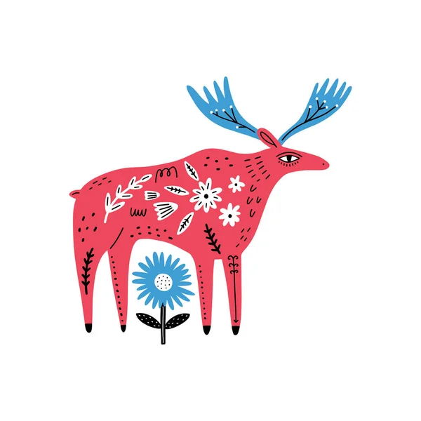 现代民间部落的Boho图案的动物在斯堪的纳维亚风格 受北方神话和童话故事的启发 斯洛伐克的花卉装饰 瑞典民间传说画北欧花卉图案林地角色的概念 华丽的麋鹿病媒Eps — 图库矢量图片