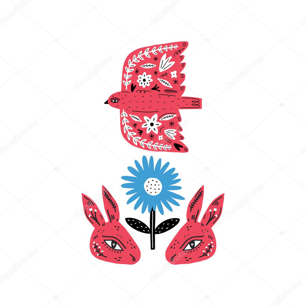 Modern folk tribal boho patterned animals in Scandinavian style. Floral Slovak ornament, inspired by northern mythology and fairy tales. Swedish folklore drawing, Nordic flowers. Woodland characters concept. Ornate bird and rabbits. Vector EPS