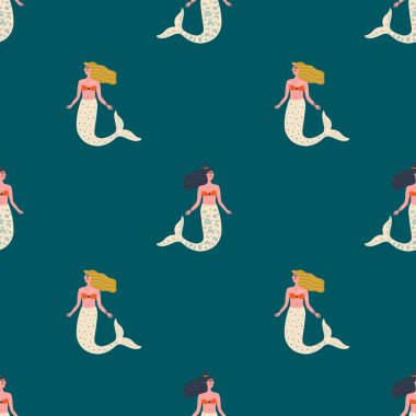 Tatlı düz denizkızları ve pastel renkli deniz yosunlarıyla vektörsüz desen. Güzel kız karakteri. Deniz Prensesi sanat konsepti