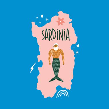 Modern karikatür renklendirilmiş İtalyan tarzı Sardunya haritası deniz kızı adam, şirin bir illüstrasyon. İtalya 'nın Doodle konsepti. Vektör Eps klip tasarımı