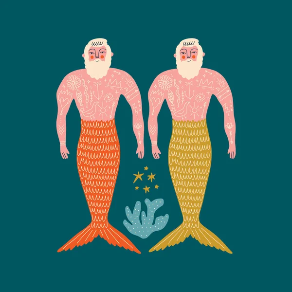 Cartoon Color Card Cute Flat Cartoon Sea Boys Mermaid Merman — Διανυσματικό Αρχείο