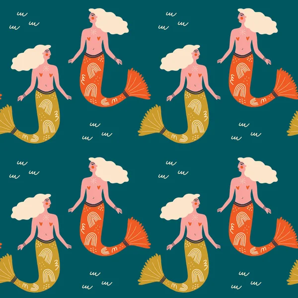Vektornahtloses Muster Mit Niedlichen Flachen Meerjungfrauen Und Wellen Blauer Und — Stockvektor