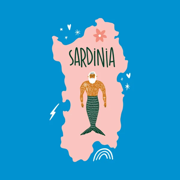 Nowoczesna Kreskówka Kolorowe Mieszkanie Stylizowane Italia Sardynia Mapa Człowiekiem Syrena — Wektor stockowy