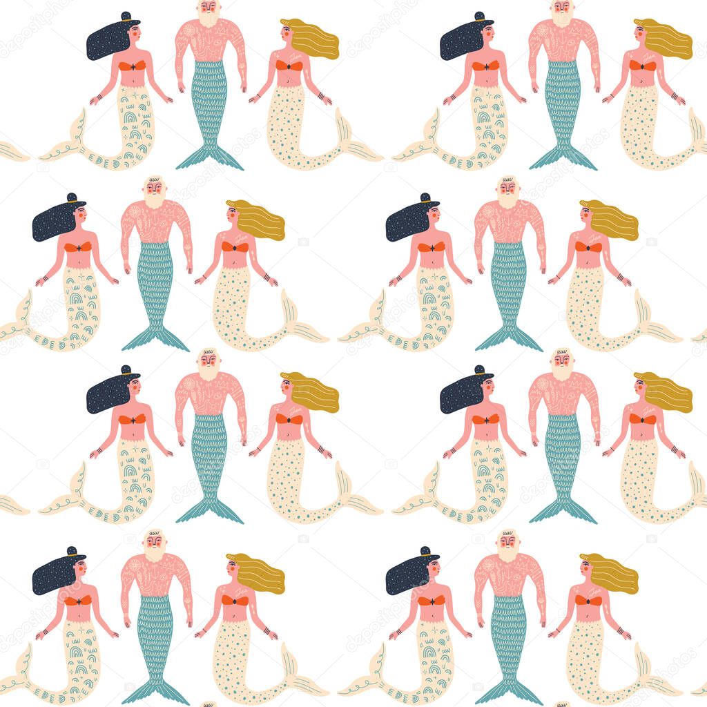 Vector seamless pattern with cute flat mermaids and mermans in blue and orange pastel color. Beautiful girl character. Sea princess art concept