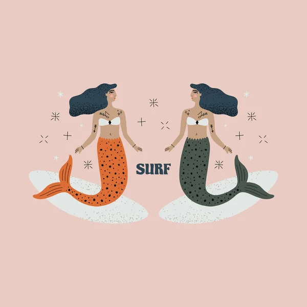 Surfmädchen Vintage Mermaid Konzept Vektor Illustration Clip Art Bild Cartoon — Stockvektor