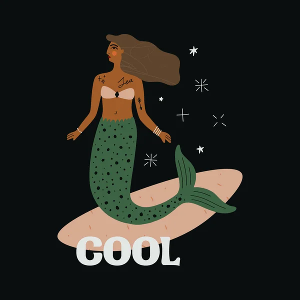 Surfmädchen Vintage Mermaid Konzept Vektor Illustration Clip Art Bild Cartoon — Stockvektor