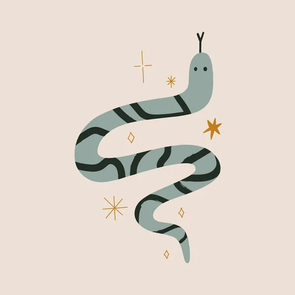 Cartoon Flat Cute Little Boho Snake Art Print Vector Illustration — Stock Vector
