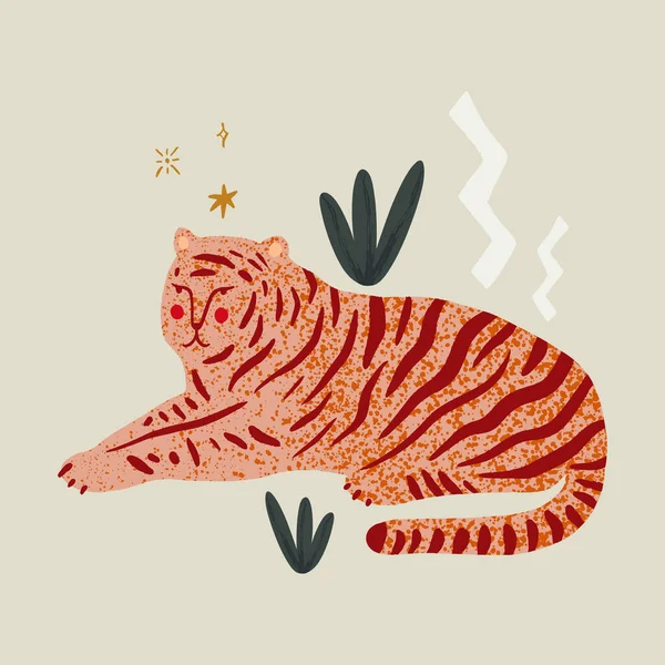 Tigresa Tendida Selva Gato Salvaje Animal Dibujos Animados Concepto Libertad — Vector de stock