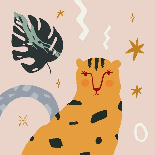 Linda Chica Leopardo Selva Gato Salvaje Concepto Animal Infantil Dibujos — Vector de stock