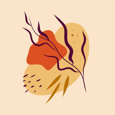 Soyut estetik ilkbahar veya yaz soyut şekilleri. Sıcak renkler, botanik kompozisyon, kolaj arka planı. Çiçek evrensel şablon.