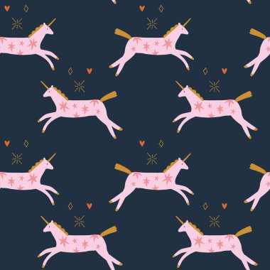 Vector pembe şirin boho küçük tek boynuzlu atlar. Süslü çizim. Kozmik midilli kusursuz desen. Kız çocuk odası tasarımı.