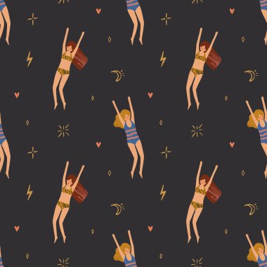 Uzayda şirin bikinili kızlar yüzüyor. Soğuk havuz partisi konsepti. Yaz kusursuz desen.