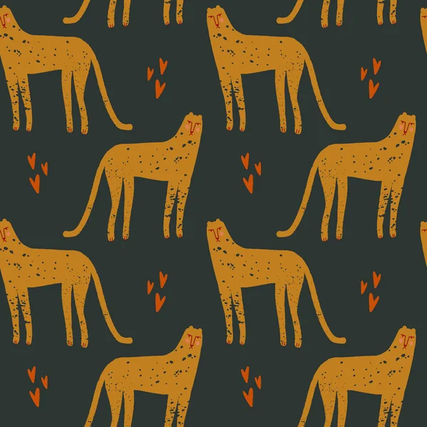 Patrón sin costura de leopardo funky en vector. Adorables animales salvajes africanos. Estilo de garabato infantil . — Archivo Imágenes Vectoriales