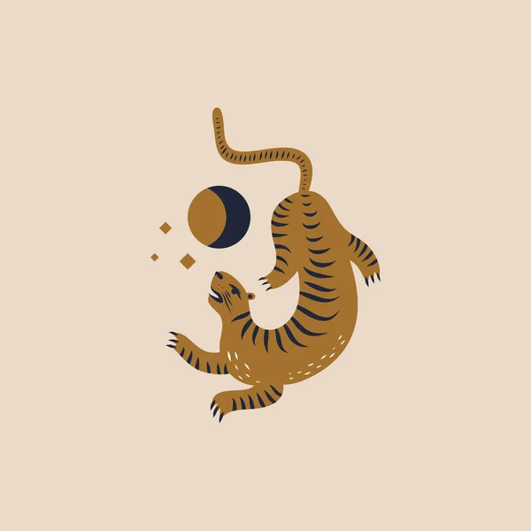 Kínai stílusú tigris illusztráció vektorban. Hold mágia koncepció. — Stock Vector