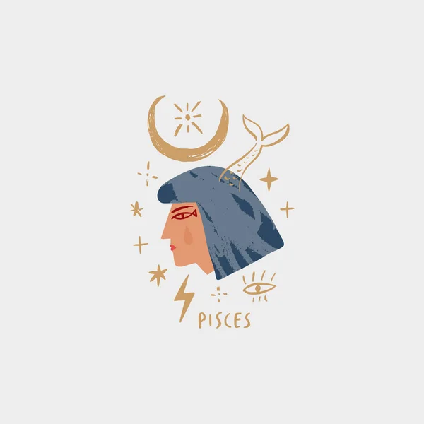 Chica del zodiaco personaje de Piscis. Señal de cabeza espacial. Ilustración vectorial . — Archivo Imágenes Vectoriales