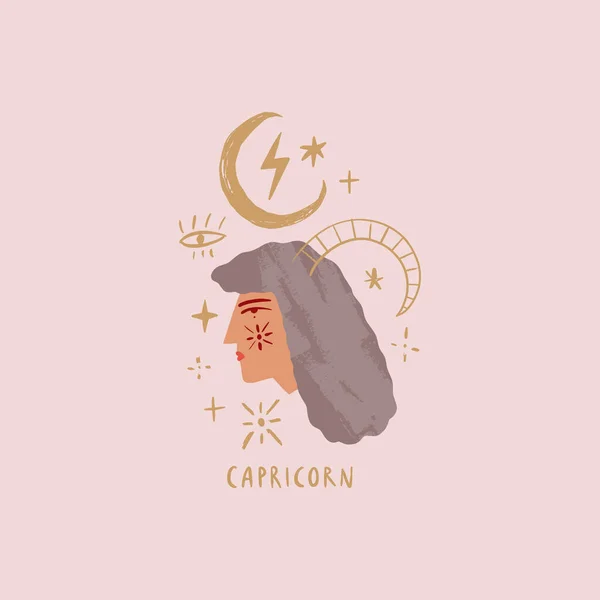 Zodiac girl Capricorn character. Space head sign. Vector illustration. — Stock Vector