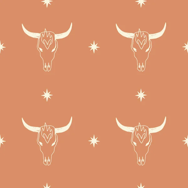 Boho naadloos patroon met stier schedel patroon in vector. — Stockvector