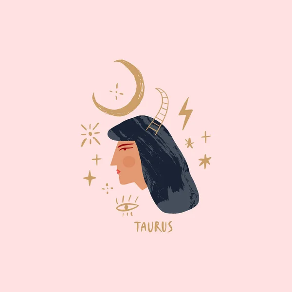 Zodiac dívka Taurus charakter. Znamení vesmírné hlavy. Vektorová ilustrace. — Stockový vektor
